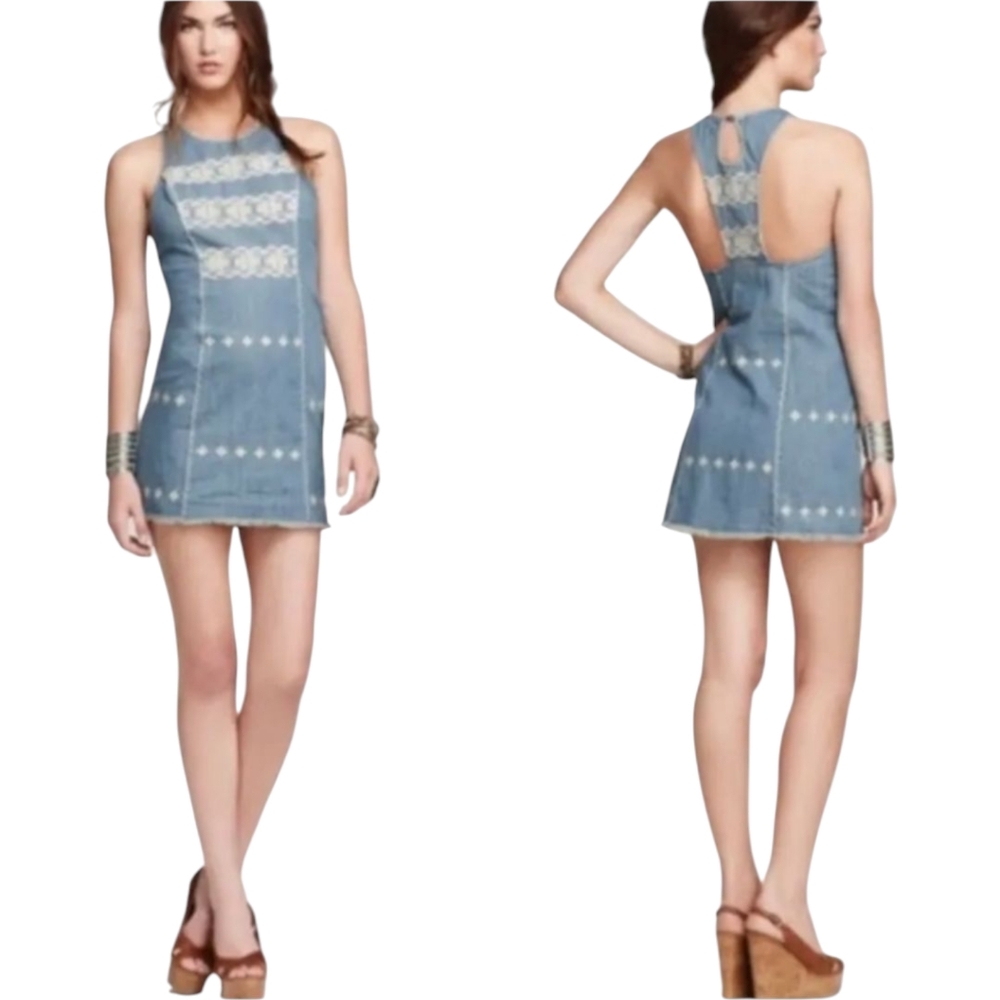 Free People Embroidered Chambray Denim Mini Dress | Size M | Aztec Racerback
